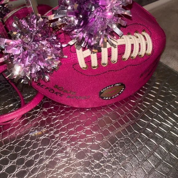 Betsey Johnson Pink Football purse with Sparkly Pom-Poms - Picture 2 of 11